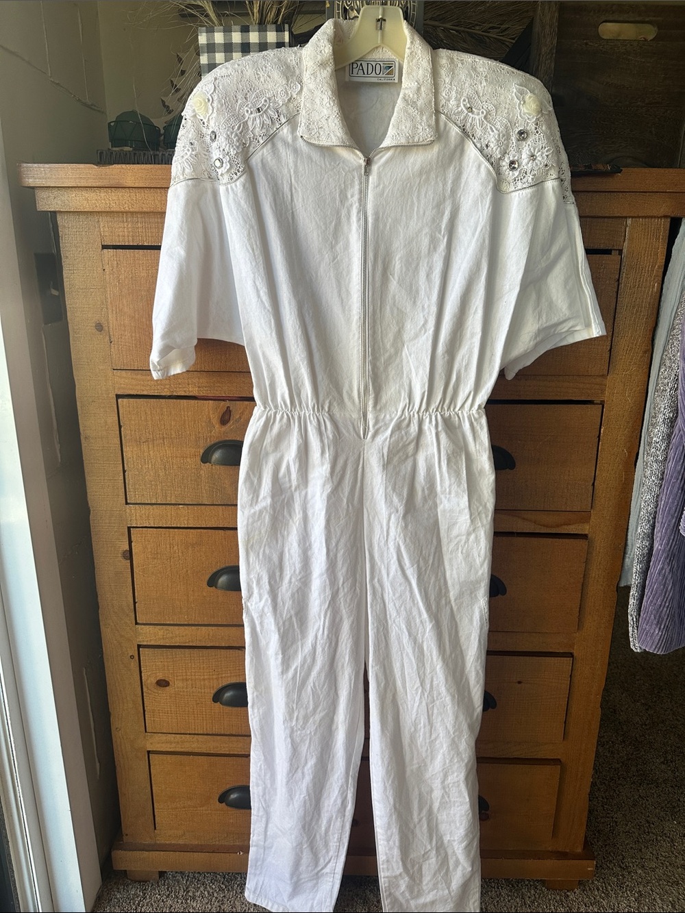 White VibntageOne-Piece Jumpsuit with Lace Shoulders
